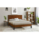 Mid-Century Modern Solid Wood Bed Frame Queen Size Platform Bed with Three-Piece Headboard Design, No Box Spring Needed, Brown
