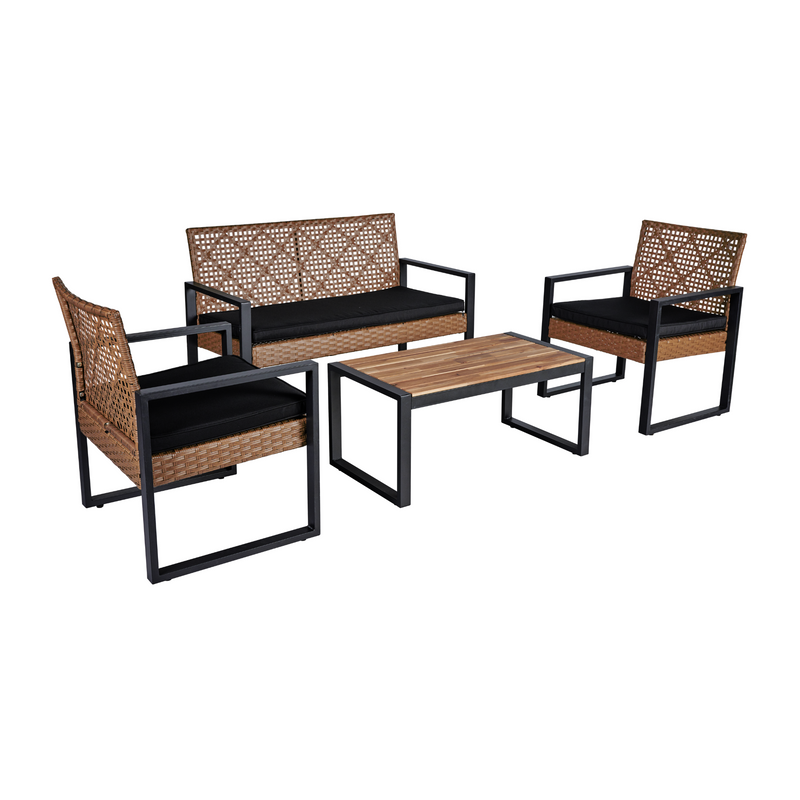 Walker Edison - 4-Piece Patio Furniture Set Outdoor Balcony Porch Garden Backyard Lawn Furniture Acacia Wood Table Top, Modern Black and Light Brown