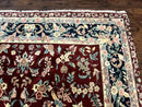 Indo Persian Rug 8x10, Floral Allover with Bird Pictorials, Maroon and Navy Blue, Handmade Wool Area Rug