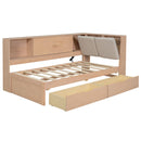 Wooden Twin Size L-shaped Daybed Corner Bed Under-bed Drawers  with Storage Bookcase and Upholstered Headboard and USB Charging Ports for Limited Space,Natural