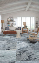 bardiglio exotic marble 24x24 installed on modern bright cabin living room floor closeup