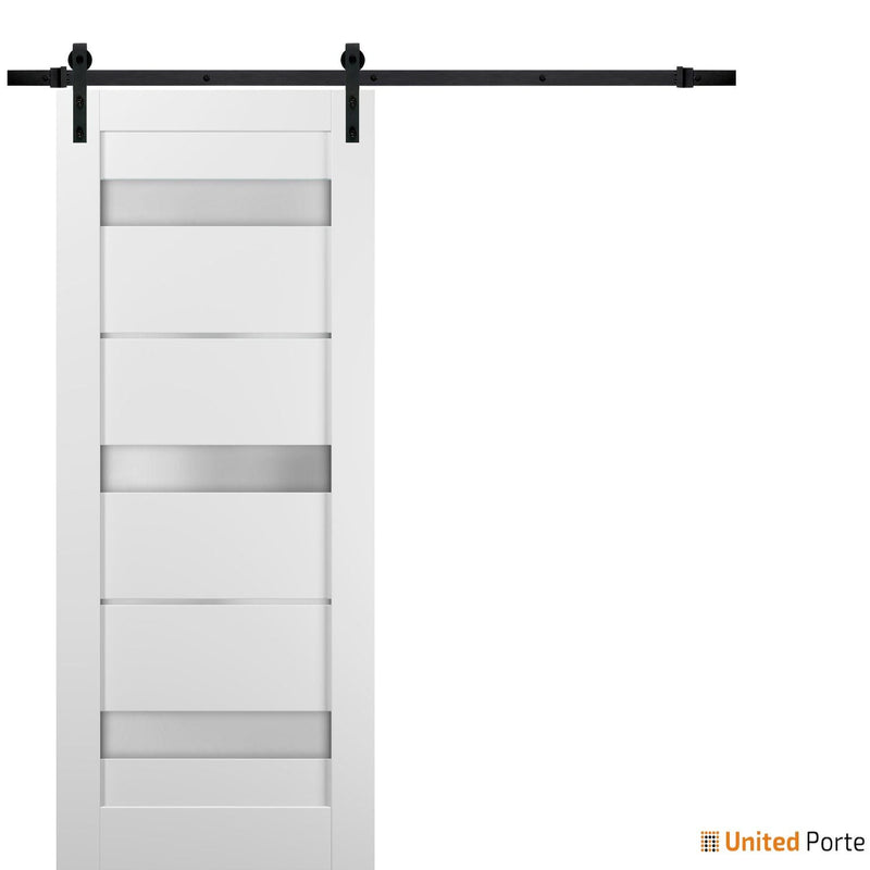 Quadro 4055 White Silk Barn Door with Frosted Opaque Glass and Black Rail