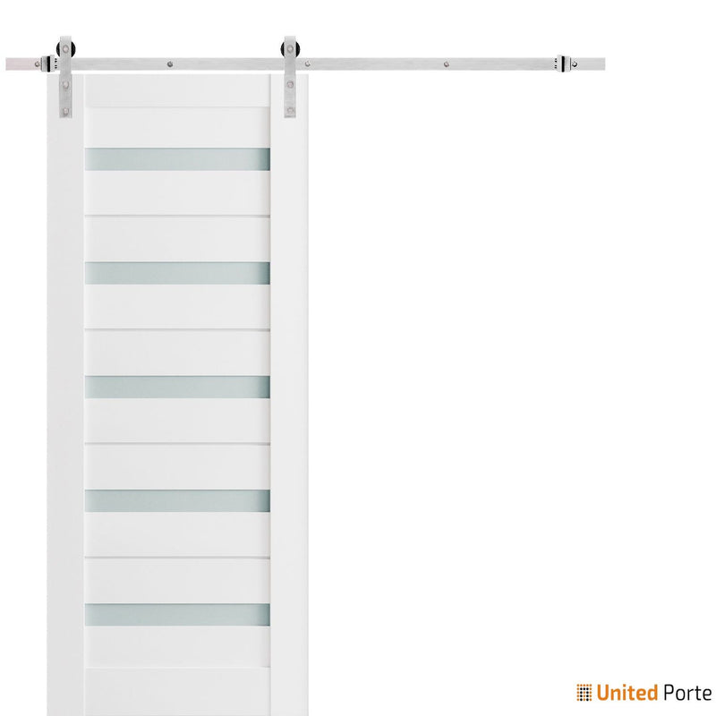 Quadro 4445 White Silk Barn Door with Frosted Glass and Silver Rail