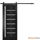 Quadro 4088 Matte Black Barn Door with Frosted Glass and Black Rail
