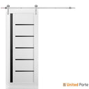 Quadro 4588 White Silk Barn Door with Black Glass and Silver Finish Rail