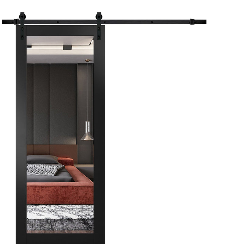 Lucia 1299 Matte Black Barn Door with Mirror Glass and Black Rail