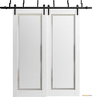 Planum 0888 Painted White Double Barn Door with Frosted Glass and Black Bypass Rail