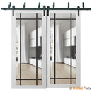 Lucia 2266 White Silk Double Barn Door with Clear Glass and Black Bypass Rail