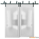 Planum 2102 White Silk Double Barn Door with Frosted Glass and Black Bypass Rail