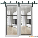 Lucia 2366 White Silk Double Barn Door with Clear Glass and Black Bypass Rails