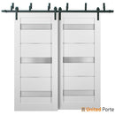 Quadro 4055 White Silk Double Barn Door with Frosted Glass | Black Bypass Rails