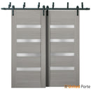 Quadro 4113 Grey Ash Double Barn Door with Frosted Glass | Black Bypass Rails