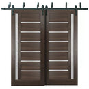 Quadro 4088 Chocolate Ash Double Barn Door with Frosted Glass | Black Bypass Rails