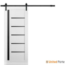 Quadro 4588 White Silk Barn Door with Black Glass and Black Rail