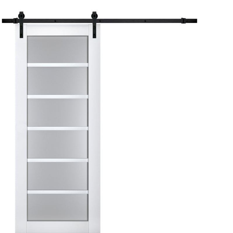 Veregio 7602 Matte White Barn Door with Frosted Glass and Black Rail