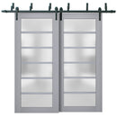 Veregio 7602 Matte Grey Double Barn Door with Frosted Glass and Black Bypass Rail