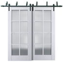 Veregio 7412 Matte White Double Barn Door with Frosted Glass and Black Bypass Rail