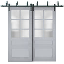 Veregio 7339 Matte Grey Double Barn Door with Frosted Glass and Black Bypass Rail