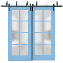 Veregio 7412 Aquamarine Double Barn Door with Frosted Glass and Black Bypass Rail