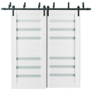 Quadro 4266 White Silk Double Barn Door with Frosted Glass and Black Bypass Rail