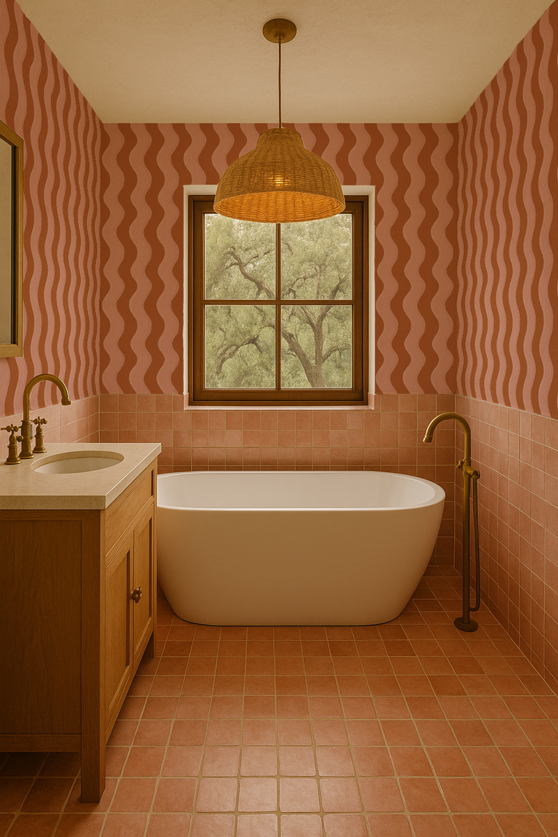 pink striped wallpaper bathroom
