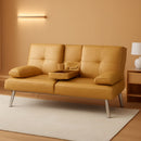 Convertible Futon Sofa Bed in Faux Leather Camel Yellow with Removable Armrests