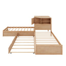 L-Shaped Combination Twin Bed with Trundle and Drawer,3-in-1 Low Corner Platform Bed Linked with Built-in Desk and Led Downlight, Natural