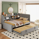 Twin Size Upholstered Daybed with Trundle, Storage Shelves, USB & Outlet (Gray)