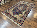 Persian Kirman Rug 6x9, Floral Medallion Vintage Wool Handmade Carpet 6 x 9, Animal Pictorials Birds, Semi Antique, Navy Blue, Millefleur