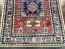 Turkish Kazak Rug 3x4, Wool Hand Knotted Small Vintage Carpet, Red Navy Blue, 3 x 4 Oriental Rug, Geometric Design
