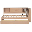 Wooden Twin Size L-shaped Daybed Corner Bed Under-bed Drawers  with Storage Bookcase and Upholstered Headboard and USB Charging Ports for Limited Space,Natural