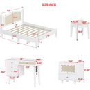 3 Pieces Bedroom Set with Queen Size Wooden Bed Frame, 1 Vintage  Nightstand and 1 Makeup Vanity Set with Stool,White