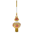 Red Jeweled Stars on Gold Pattern on White Glass Christmas Tree Topper 11 Inches