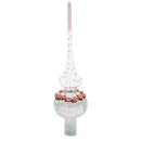 Pink Roses on Silver Swirls and Clear Glass Christmas Tree Topper 11 Inches