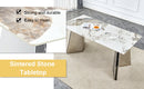 Table and chair set.63'x31.5x30' Luxurious Pandora patterned Sintered Stone Tabletop with Silver Stainless Steel Butterfly Legs.Paried With 6 Dark Gray High-quality PU Chairs With Arched Metal Legs.