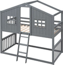 Gray Twin Over Twin House Bunk Bed With Roof For Kids