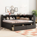 Full Size L-shaped Bookcases Bed with Power Outlets, USB Charging Ports,Two Drawers,Espresso