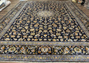Wonderful Navy Blue Persian Kashan Rug 11x13, Allover Floral Design with Central Medallion, Wool Hand-Knotted Antique Carpet, Signed Rabani Rug