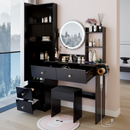 Full Body Mirror Cabinet + Round Mirror LED Vanity Table + Cushioned Stool, With 2 AC + 2 USB Power Station,17' diameter LED Mirror, Touch Control, 3-color, Brightness adjustable, Large Desktop