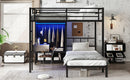 Full XL Over Twin Metal Bunk Bed with Folding Desk, Closet with LED ,Space-Saving/Noise Reduced, Black