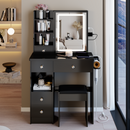 29.2' Small Size Left Drawer Desktop Vanity Table + Cushioned Stool, 2 AC+2 USB Power Station, Hair dryer bracket, Extra Large Touch Control Sliding LED Mirror, Tri-color Switching, Brightness Adjust