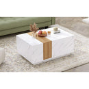 Modern 35.4 x 23.6 Inch Two-tone Coffee Table with Faux Marble and Walnut Wood Grain Finish, Rectangular Center Table with 2 Storage Drawers, Practical Cocktail Table for Living Room, White