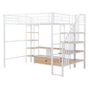 Full Size Metal Loft Bed with Staircase,Low Storage Table and Storage Shelves,White