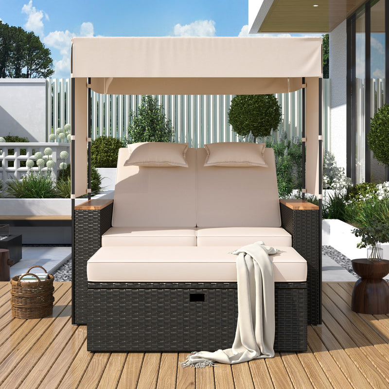 Walker Edison | Outdoor Patio 2-Piece Rattan Chairs and Bench Roof Set