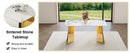 Table and chair set.63'x31.5x30' Luxurious Pandora patterned Sintered Stone Tabletop with Golden Stainless Steel Butterfly Legs.Paried With 4 Black High-quality PU Chairs With Arched Metal Legs.