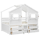 Full Size House Loft Bed with Roof, Windows,4 Storage Drawers,Pine Wooden Bed with Safety Guardrails,Ladder,White