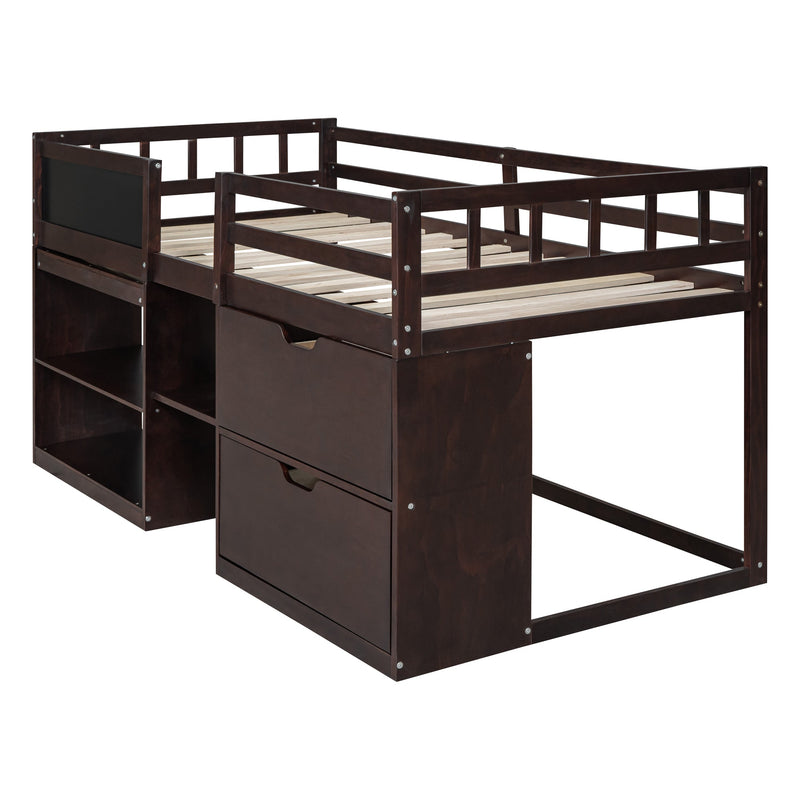 Twin Size Low Loft Bed with Rolling Desk, Shelf and Drawers - Espresso