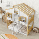 Twin over Twin House Bunk Bed with Roof, Window, Window Box, Door, with Safety Guardrails and Ladder, Natural/White