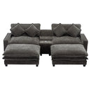 Modern Chenille Upholstered Sectional Sofa with Ottomans, USB Ports, Cup Holders, and Storage in Grey