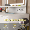 Elegant Makeup Vanity with LED Lights & Power Outlet in White, MDF with Metal Legs, Includes Chair